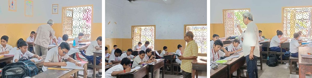 তিনটি শ্রেণিকক্ষে বাংলা ও ইংরেজি ভাষার প্রতিযোগিতায় অংশ নেওয়া পঞ্চম শ্রেণির ছাত্রেরা